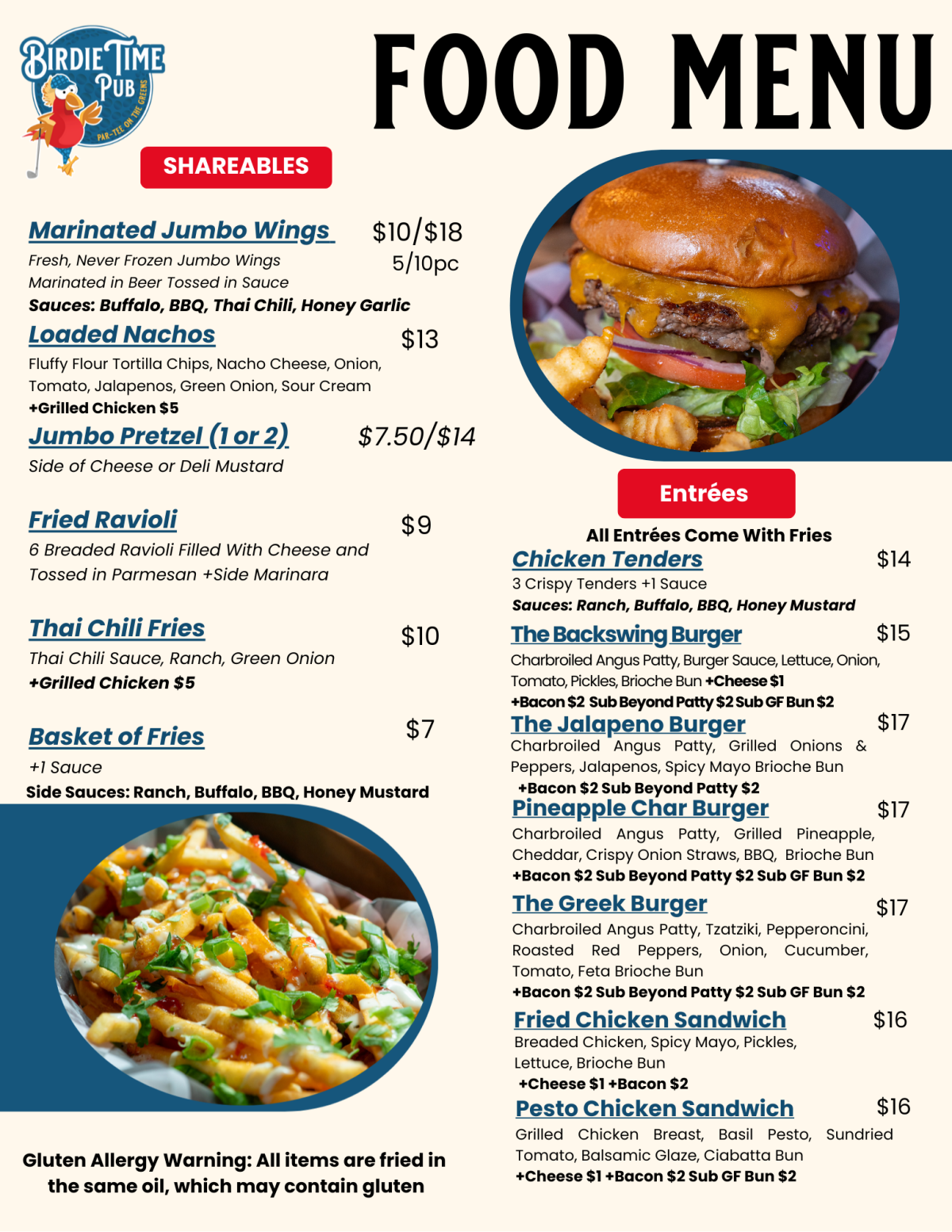 Food menu for Birdie Time Pub with shareable items and entrées listed.
