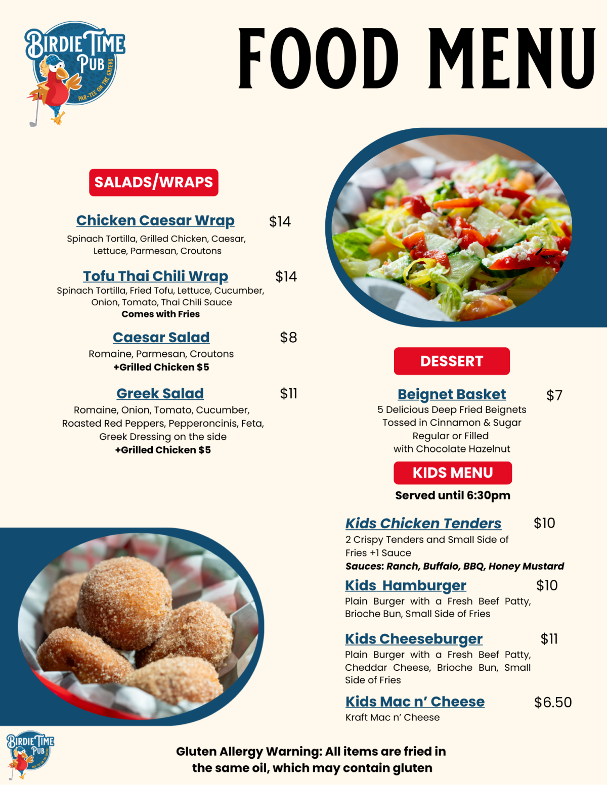 Birdie Time Pub food menu featuring salads, wraps, desserts, and kids' meals with prices.