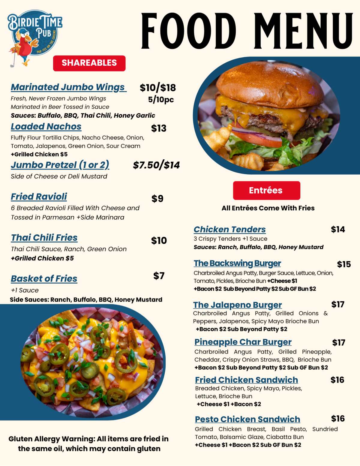 Birdie Time Pub menu with shareables, entrées, and a burger image.