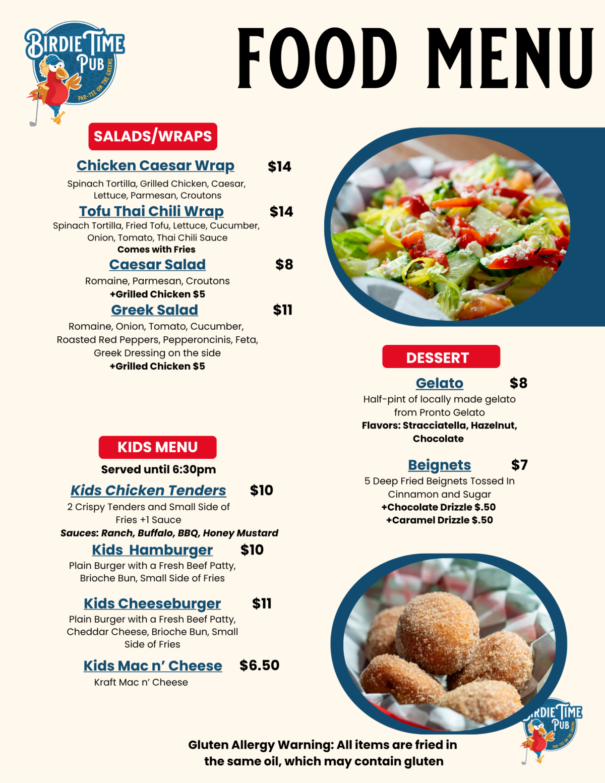 Birdie Time Pub menu featuring salads, wraps, kids meals, and desserts with prices.