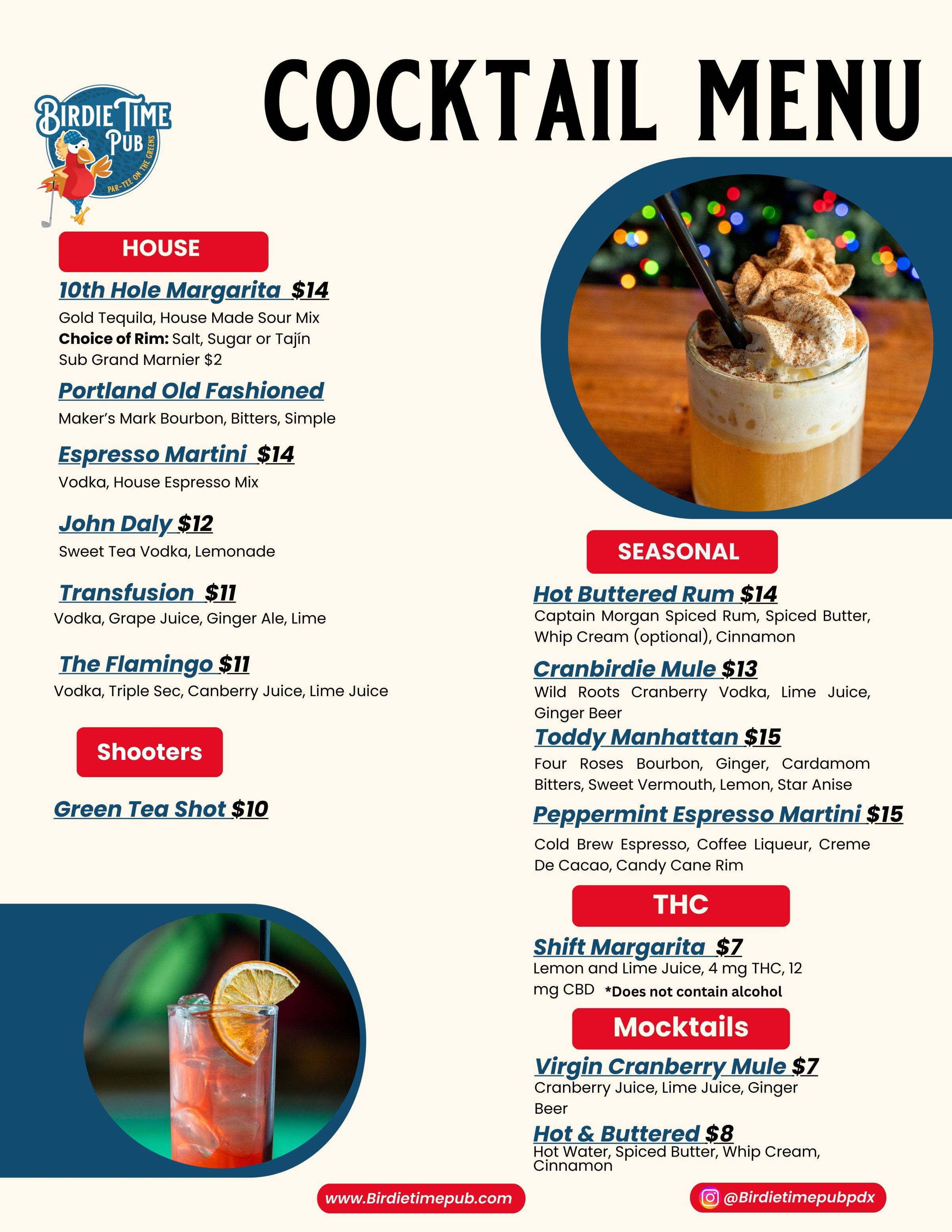 Cocktail menu with sections for house, seasonal, shooters, THC, and mocktails.