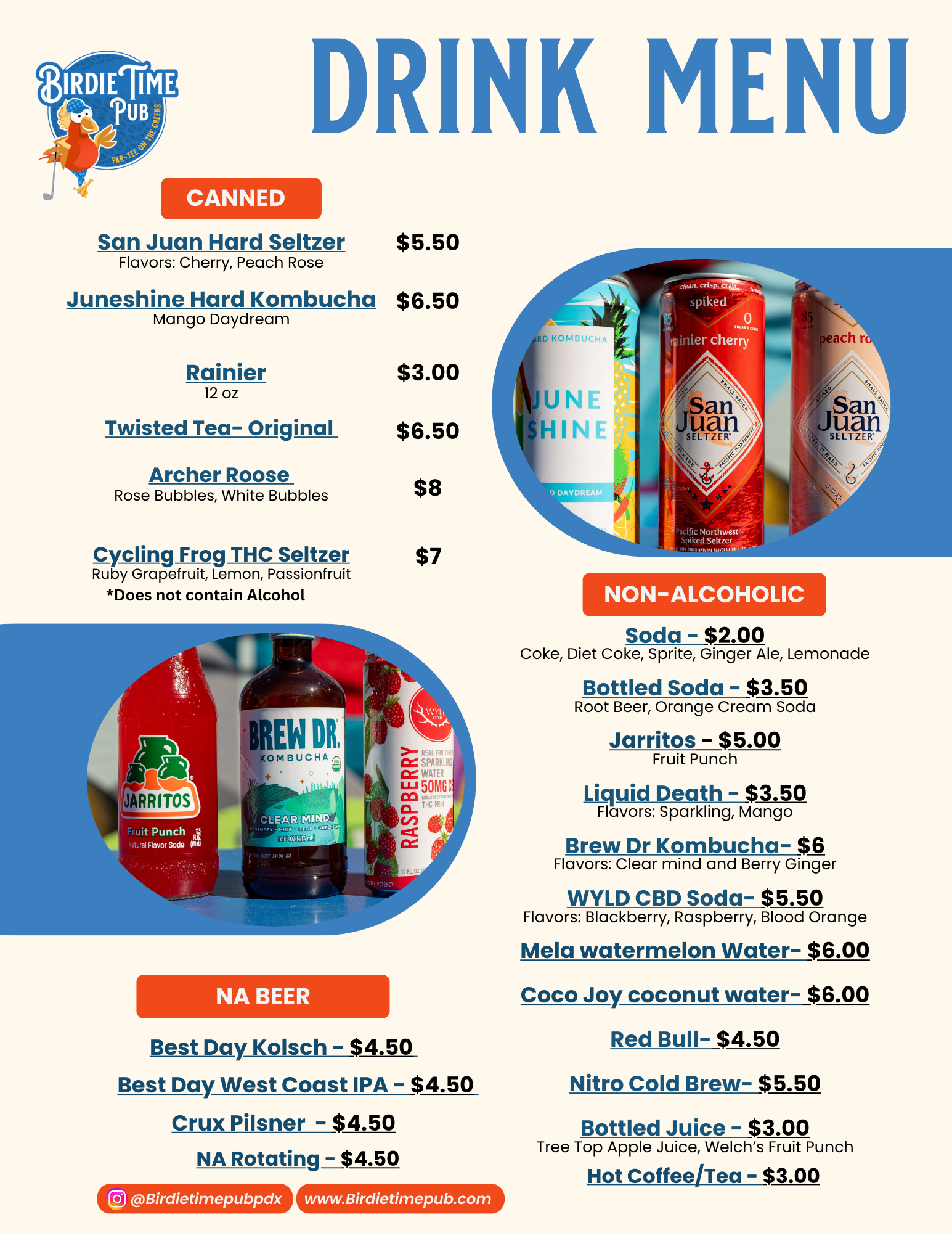 Birdie Time Pub drink menu featuring canned and non-alcoholic options with prices.
