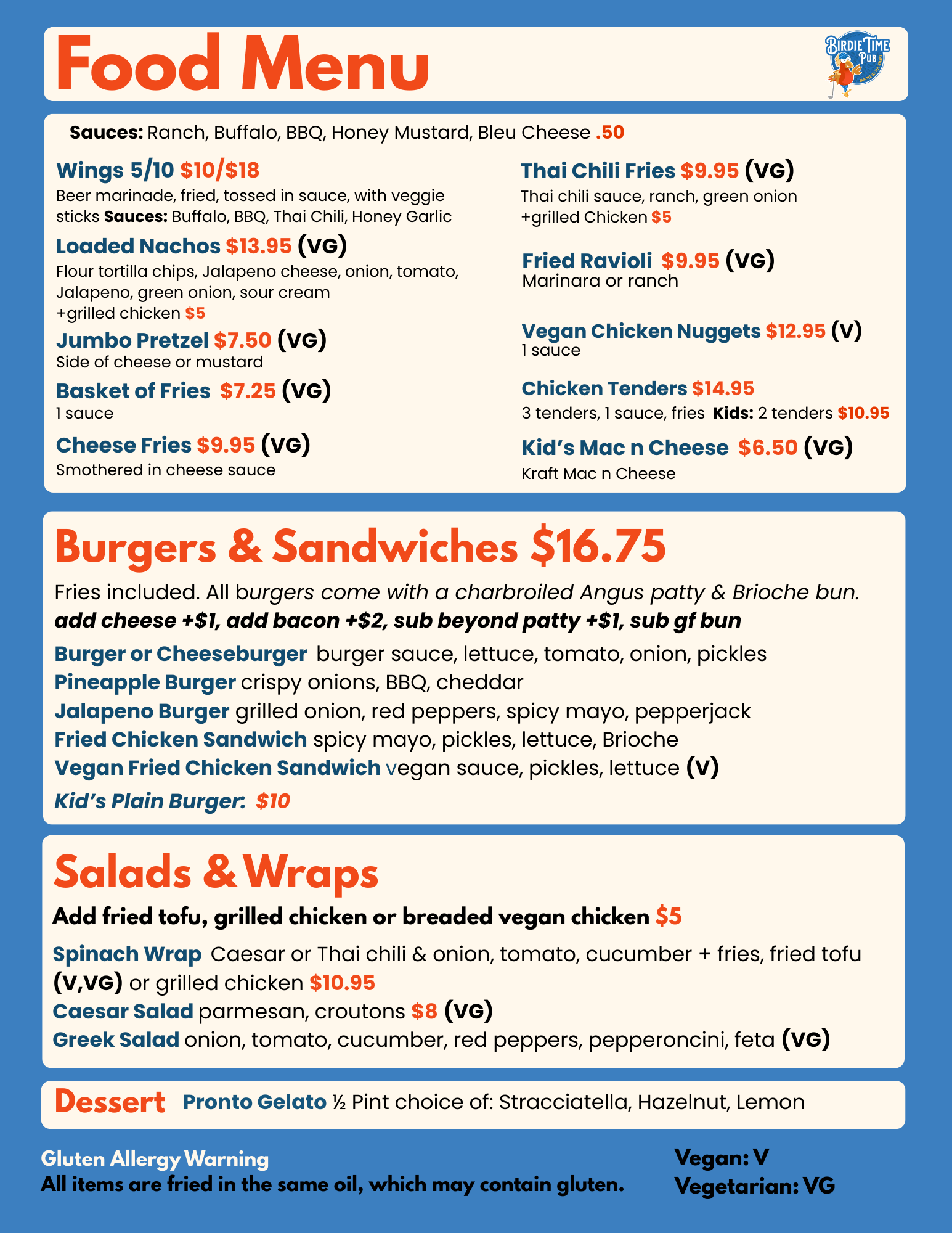 Restaurant menu with sections for appetizers, burgers, salads, desserts, and allergy information.