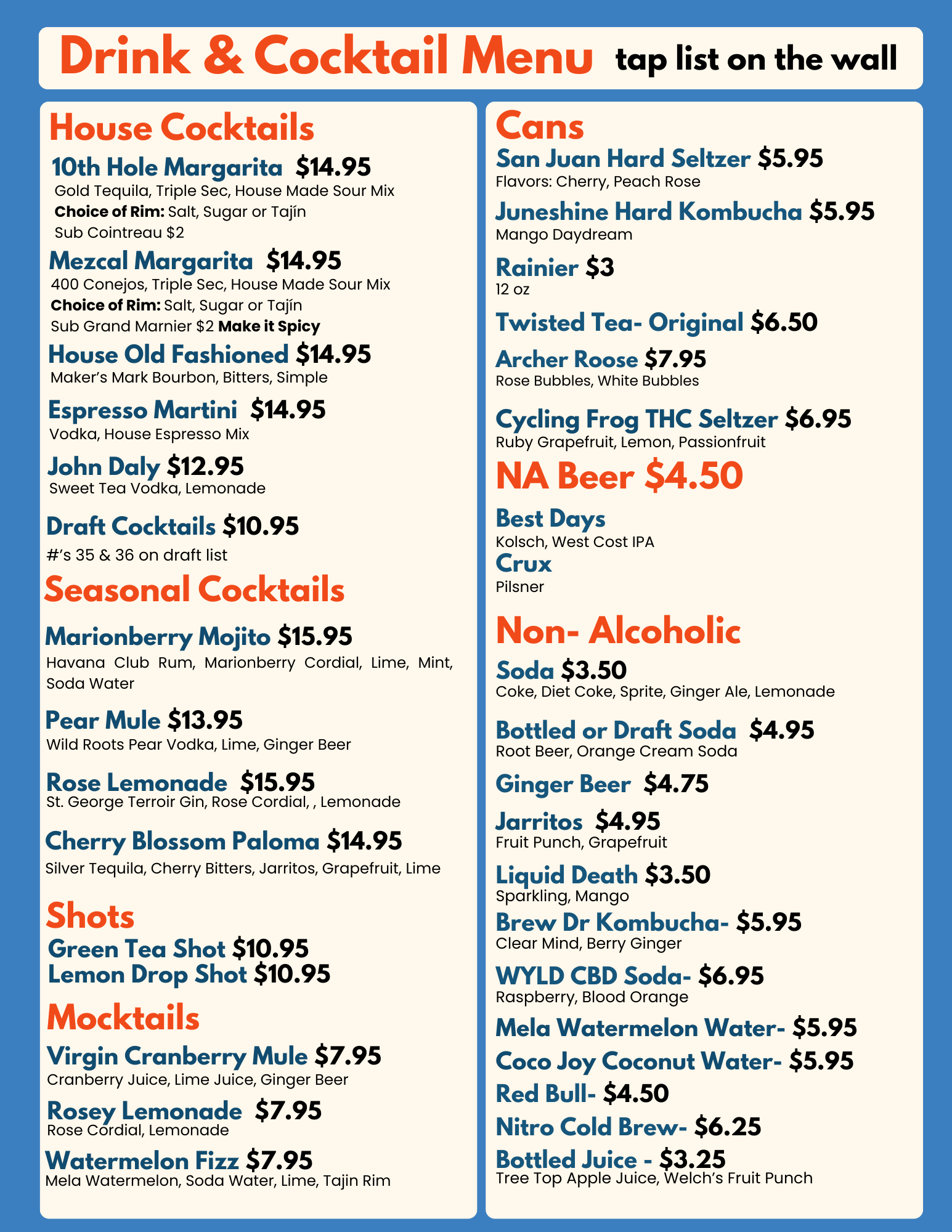 Colorful drink and cocktail menu featuring house cocktails, seasonal cocktails, mocktails, shots, cans, and non-alcoholic options.