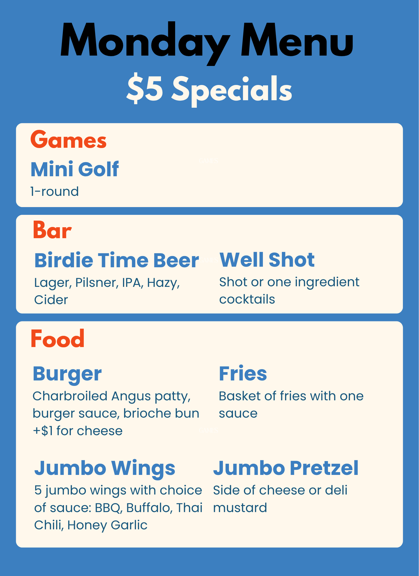 Monday Menu with $5 specials for games, bar, and food, including mini golf, beer, burgers, fries, and wings.