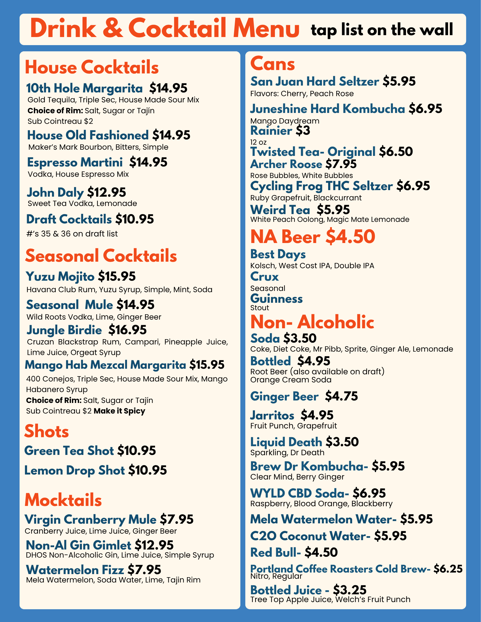 Colorful drink and cocktail menu featuring house cocktails, seasonal cocktails, shots, mocktails, and canned drinks.