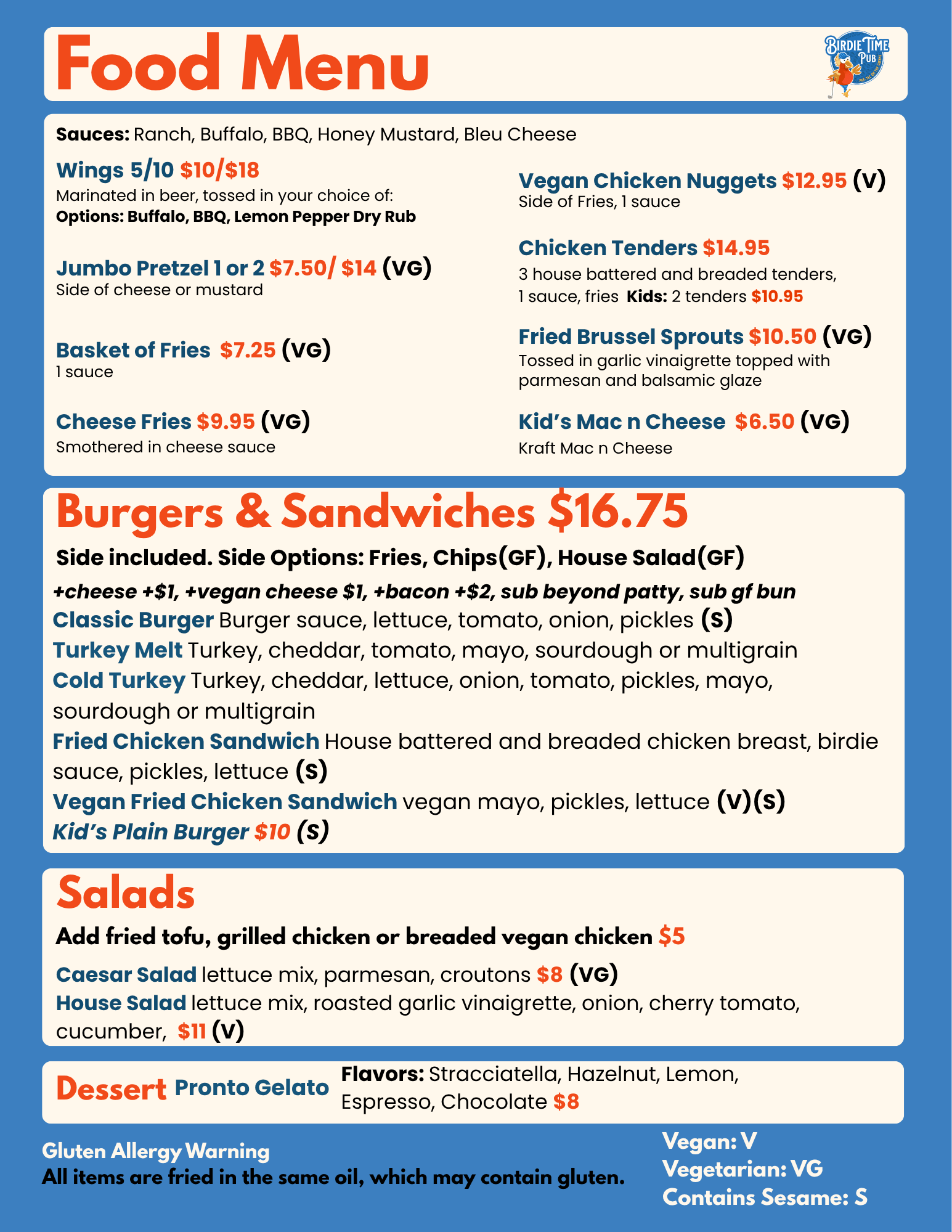 Food menu with sections for wings, fries, sandwiches, salads, and desserts, highlighting vegan and gluten-free options.